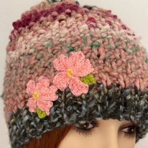 Hand Knits 2 Love Beanie Slouch Gat Cap Flowers Decorative Beads Designer Multi